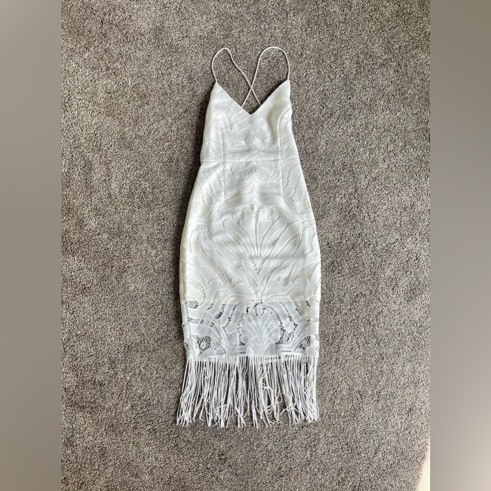 White lace Two Sisters dress with fringe bottom